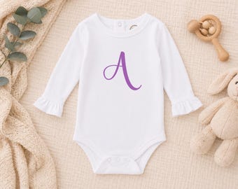 Embroidery Monogrammed Bodysuit for Baby Girl with ruffle long sleeves