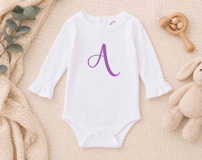 Embroidery Monogrammed Bodysuit for Baby Girl with ruffle long sleeves