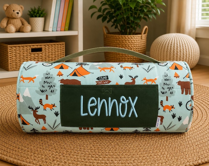 Personalized Kids Nap Mat: Attached Minky Blanket, Removable Pillow, Machine Washable, Daycare/Preschool Essential