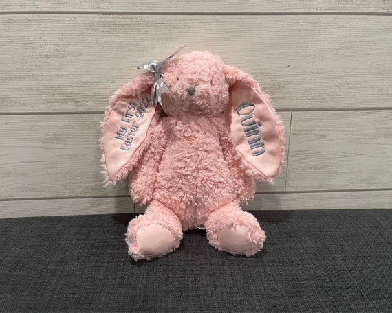 Long Ear Bunny Plush with Name Embroidered on Ear Perfect for Easter. Weighted for positioning