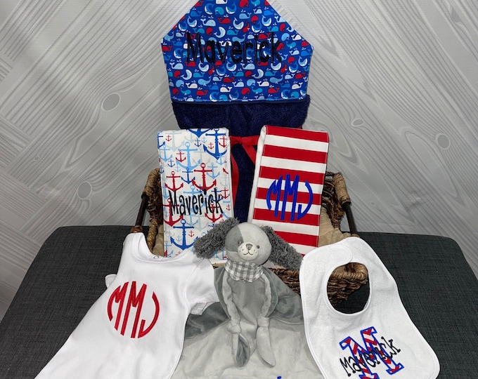 A Taste of the Favorites Baby gift basket- Custom for boy or girl monogrammed hooded towel, burp cloths, bib and onesie
