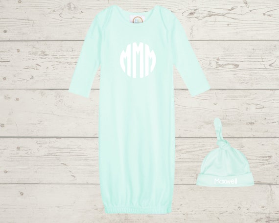 Embroidery Monogrammed Infant Baby Boy Gown with side zipper and Optional Hat