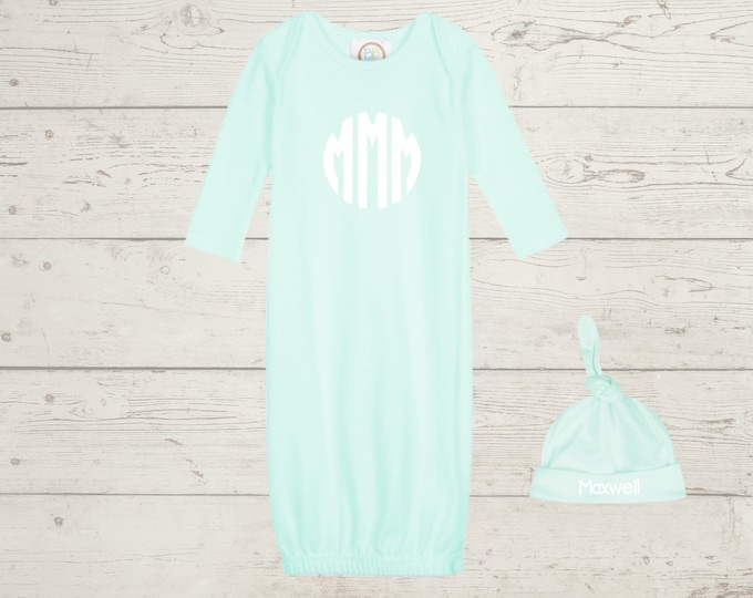 Embroidery Monogrammed Infant Baby Boy Gown with side zipper and Optional Hat