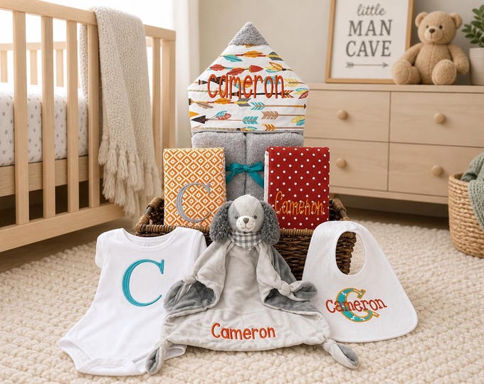 Monogrammed Baby Gift Basket – Personalized Hooded Towel & Essentials