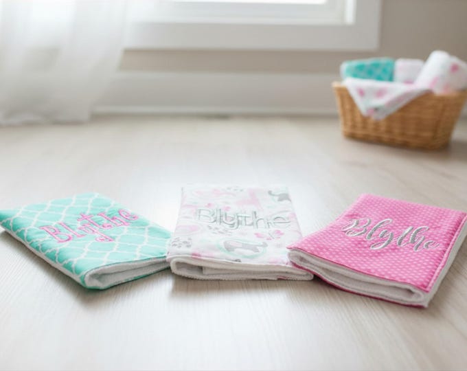 Monogrammed Burp Cloths, Set of 3. Custom made for boy or girl.
