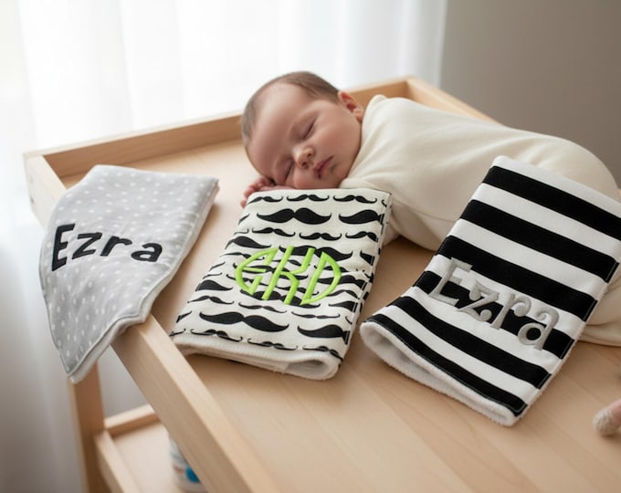Monogrammed Burp Cloths, Set of 3. Custom made for boy or girl.
