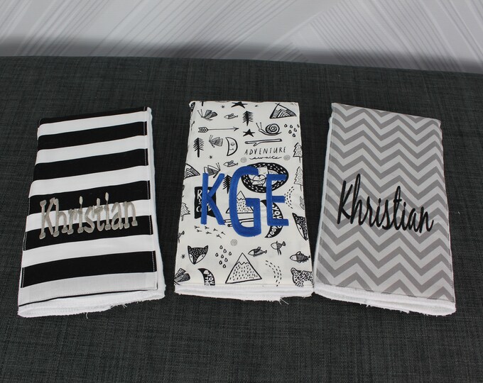Monogrammed Burp Cloths, Set of 3. Custom made for boy or girl.