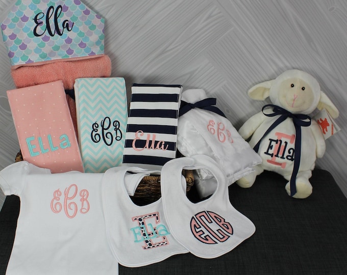 Monogrammed Baby Gift Basket, Personalized Hooded Towel, Burp Cloths, Bibs, Onesie, Quilt & Stuffed Animal