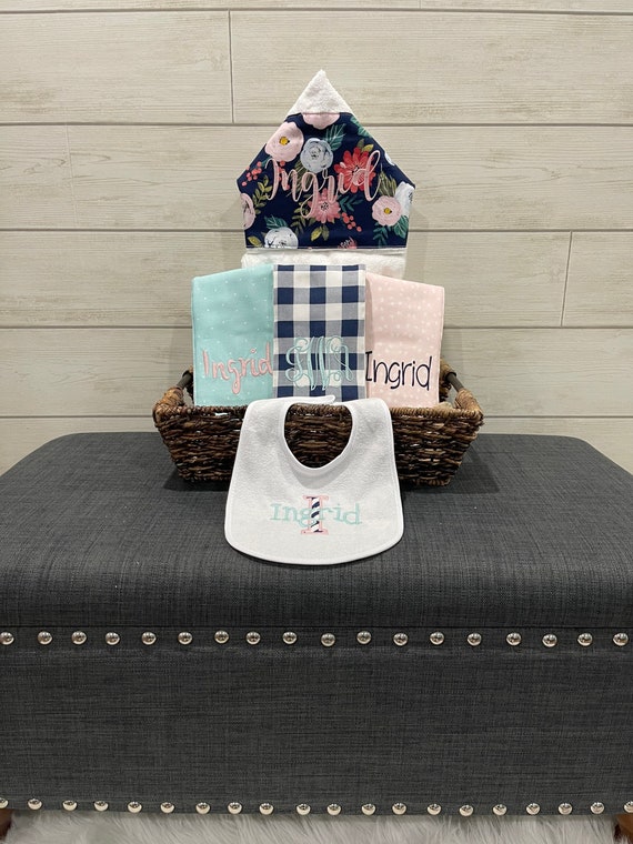 The Original Baby gift basket- Custom for boy or girl monogrammed hooded towel, burp cloths and bib. Perfect baby shower gift!