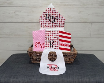 The Original Baby gift basket- Custom for boy or girl monogrammed hooded towel, burp cloths and bib. Perfect baby shower gift!