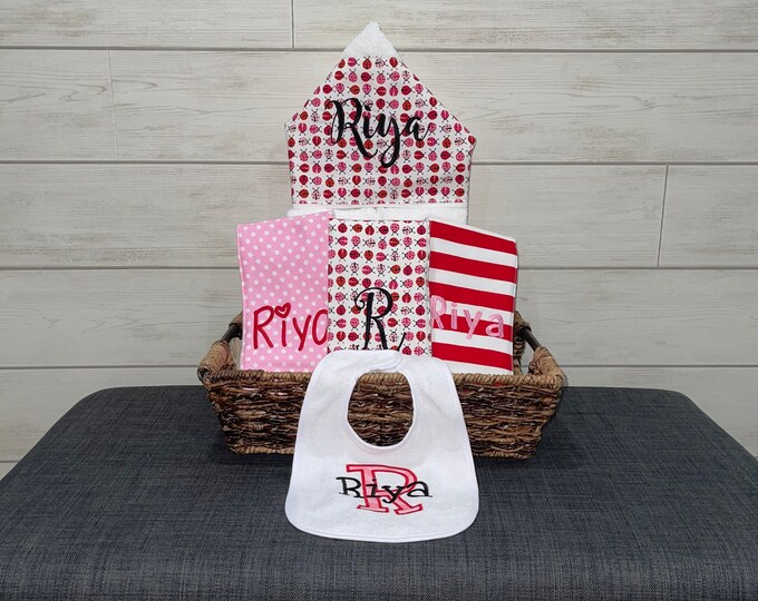 The Original Baby gift basket- Custom for boy or girl monogrammed hooded towel, burp cloths and bib. Perfect baby shower gift!
