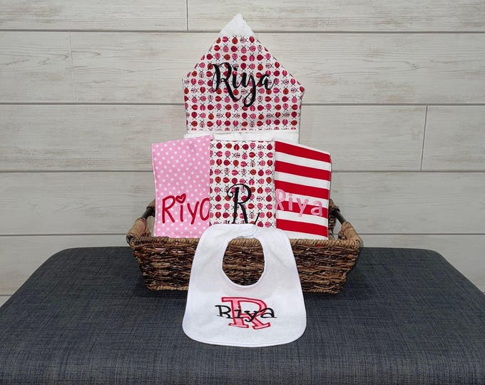 The Original Baby gift basket- Custom for boy or girl monogrammed hooded towel, burp cloths and bib. Perfect baby shower gift!