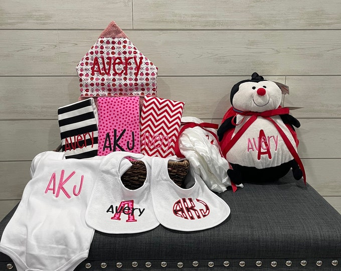 Monogrammed Baby Gift Basket, Personalized Hooded Towel, Burp Cloths, Bibs, Onesie, Quilt & Stuffed Animal