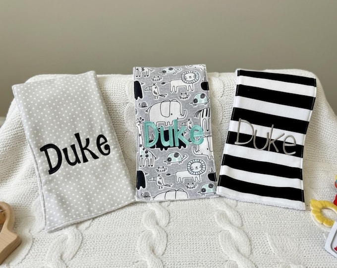 Monogrammed Burp Cloths, Set of 3. Custom made for boy or girl.