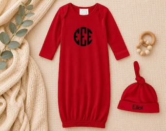 Embroidery Monogrammed Infant Baby Boy Gown with side zipper and Optional Hat
