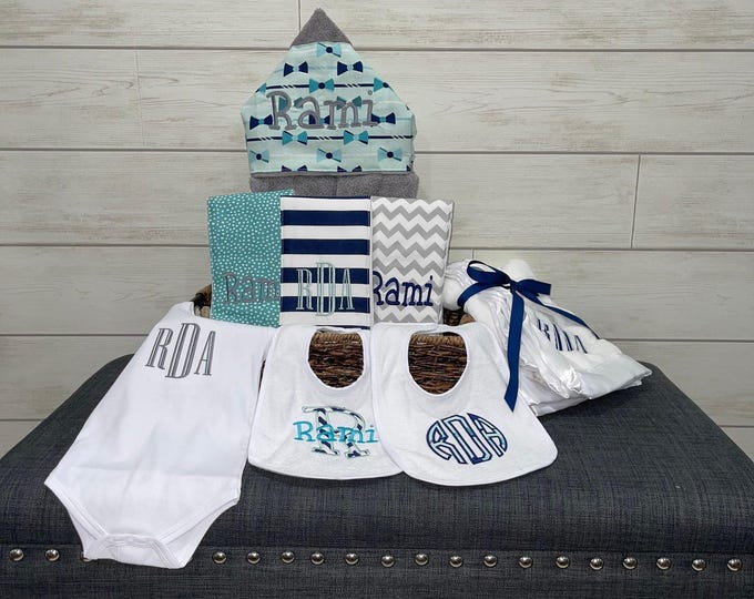 Monogrammed Baby Gift Basket, Personalized Hooded Towel, Burp Cloths, Bibs, Onesie & Quilt