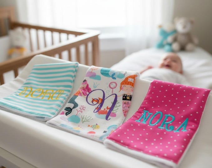 Monogrammed Burp Cloths, Set of 3. Custom made for boy or girl.