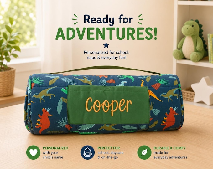 Personalized Kids Nap Mat: Attached Minky Blanket, Removable Pillow, Machine Washable, Daycare/Preschool Essential