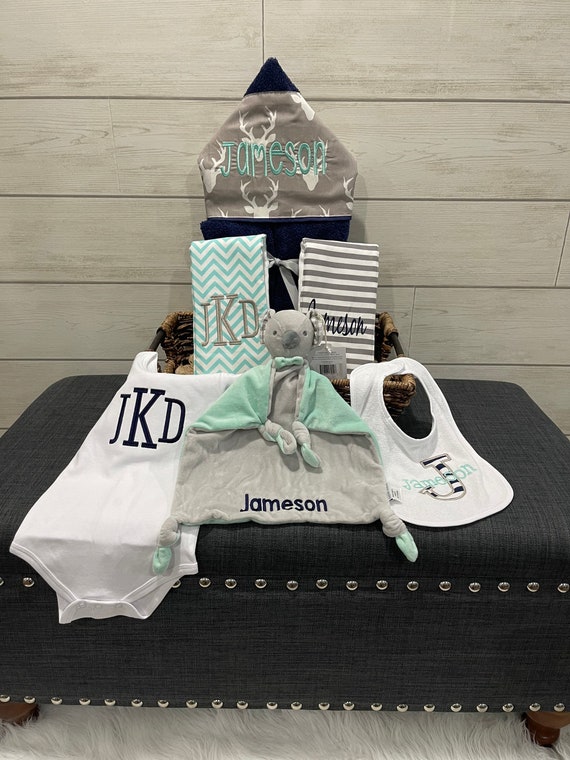 A Taste of the Favorites Baby gift basket- Custom for boy or girl monogrammed hooded towel, burp cloths, bib and onesie