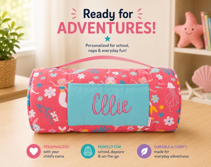 Personalized Kids Nap Mat: Attached Minky Blanket, Removable Pillow, Machine Washable, Daycare/Preschool Essential