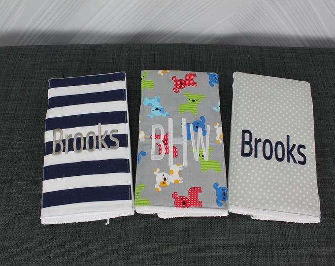 Monogrammed Burp Cloths, Set of 3. Custom made for boy or girl.