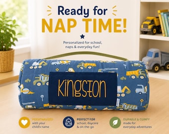 Personalized Kids Nap Mat: Attached Minky Blanket, Removable Pillow, Machine Washable, Daycare/Preschool Essential