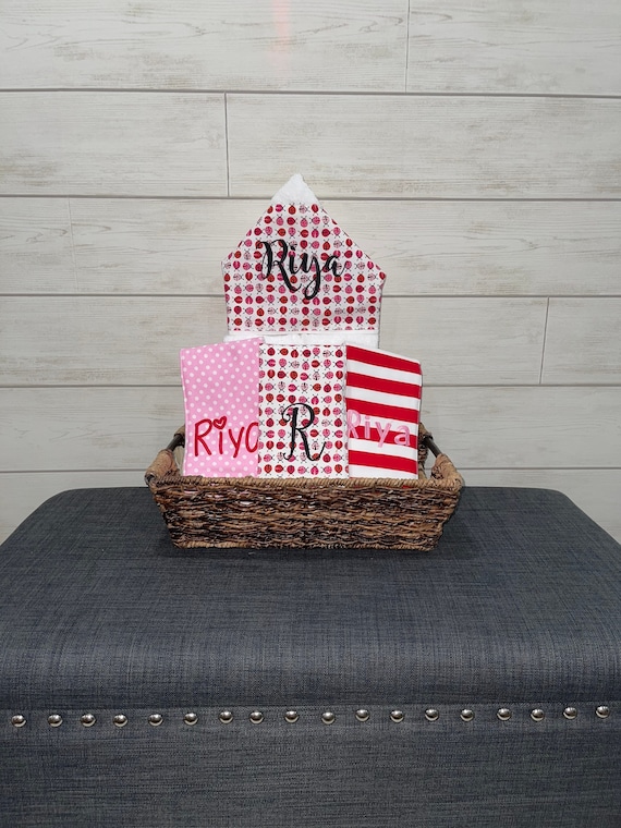 The Bath and Burp gift basket- Custom for boy or girl monogrammed hooded towel and burp cloths. Perfect baby shower gift!