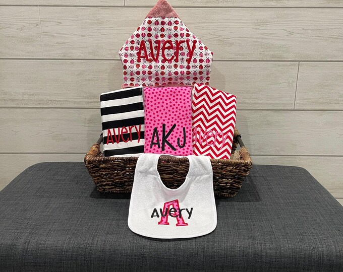 Monogrammed Baby Gift Basket – Personalized Hooded Towel, Burp Cloths & Bib