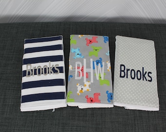 Monogrammed Burp Cloths, Set of 3. Custom made for boy or girl.