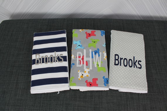 Monogrammed Burp Cloths, Set of 3. Custom made for boy or girl.