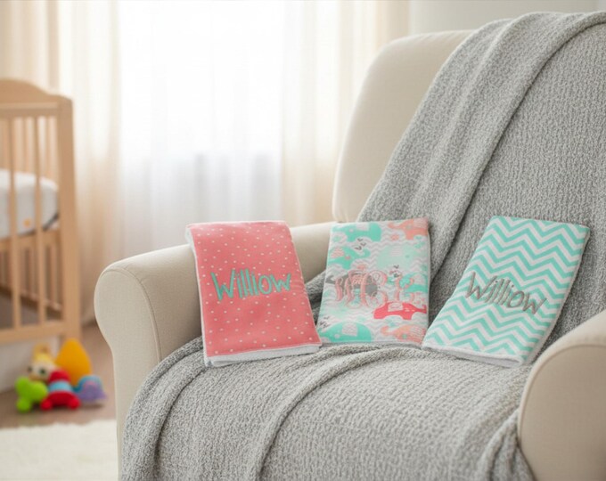 Monogrammed Burp Cloths, Set of 3. Custom made for boy or girl.