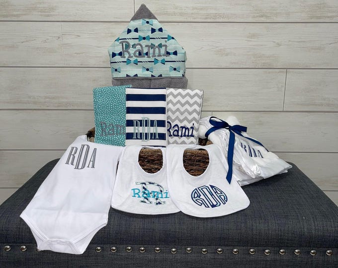 Monogrammed Baby Gift Basket, Personalized Hooded Towel, Burp Cloths, Bibs, Onesie & Quilt