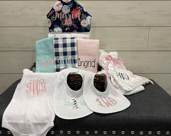 Monogrammed Baby Gift Basket, Personalized Hooded Towel, Burp Cloths, Bibs, Onesie & Quilt