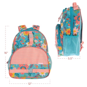 May include: A floral-patterned backpack, 16 inches tall and 12 inches wide, with a coral-colored, horizontally striped front pocket. The backpack features a teal background with colorful flowers and a side pocket with a mesh exterior.