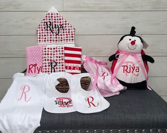 Monogrammed Baby Gift Basket, Personalized Hooded Towel, Burp Cloths, Bibs, Onesie, Quilt & Stuffed Animal