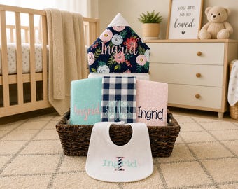 Monogrammed Baby Gift Basket – Hooded Towel, Burp Cloths & Bib