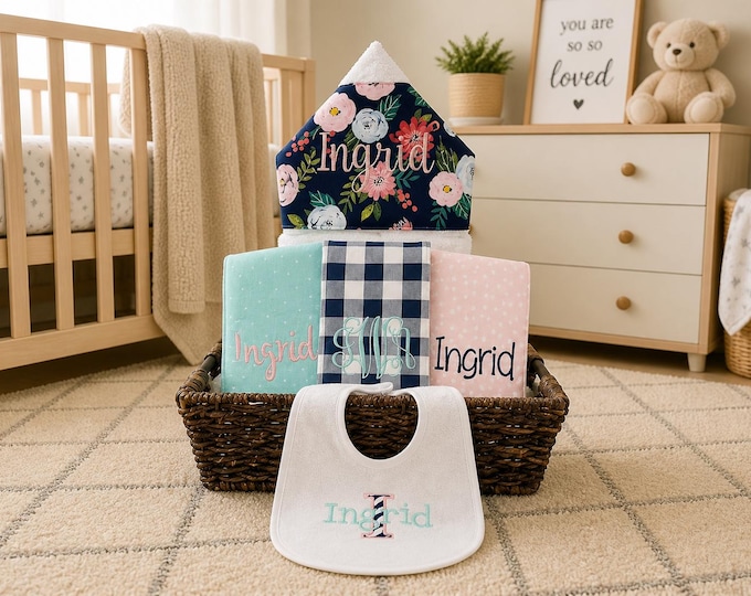 Monogrammed Baby Gift Basket – Hooded Towel, Burp Cloths & Bib