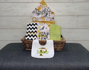 Monogrammed Baby Gift Basket – Hooded Towel, Burp Cloths & Bib