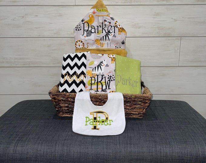Monogrammed Baby Gift Basket – Hooded Towel, Burp Cloths & Bib