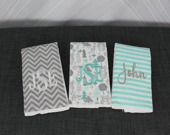 Monogrammed Burp Cloths, Set of 3. Custom made for boy or girl.