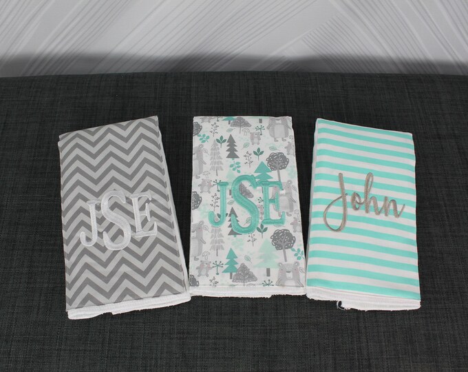 Monogrammed Burp Cloths, Set of 3. Custom made for boy or girl.