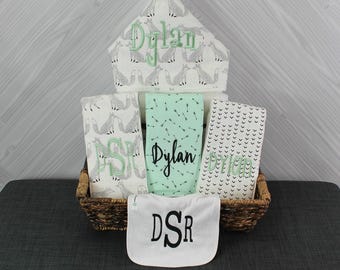 Monogrammed Baby Gift Basket - Hooded Towel, Burp Cloths & Bib