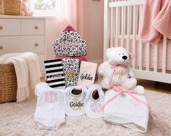 Monogrammed Baby Gift Basket, Personalized Hooded Towel, Burp Cloths, Bibs, Onesie, Quilt & Stuffed Animal