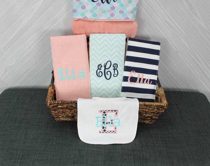 The Original Baby gift basket- Custom for boy or girl monogrammed hooded towel, burp cloths and bib. Perfect baby shower gift!