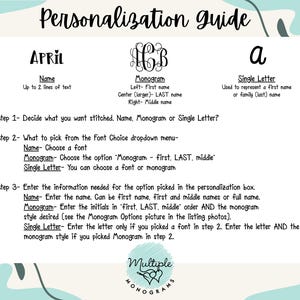 May include: A white and blue guide titled "Personalization guide" with instructions for custom monograms, names, and single letters. Includes steps for font selection and entering information. The guide features the "Multiple Monograms" logo.
