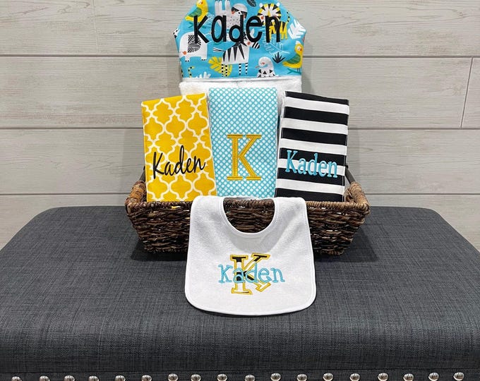 Monogrammed Baby Gift Basket – Hooded Towel, Burp Cloths & Bib