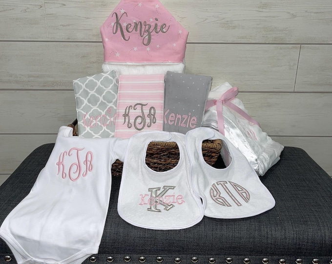 Monogrammed Baby Gift Basket, Personalized Hooded Towel, Burp Cloths, Bibs, Onesie & Quilt