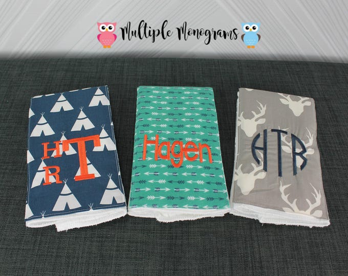 Monogrammed Burp Cloths, Set of 3, Custom made for boy or girl