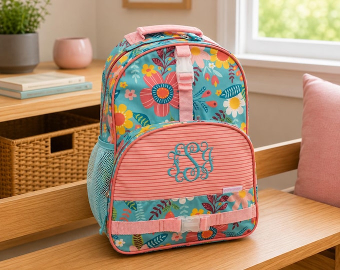 Embroidered Floral Kids Backpack: Personalized School Travel Bag