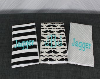 Monogrammed Burp Cloths, Set of 3. Custom made for boy or girl.